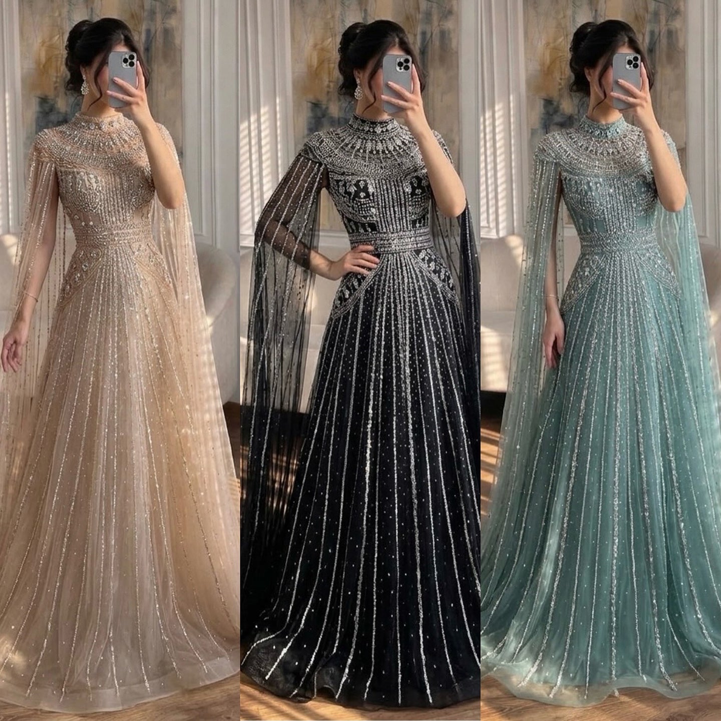 Luxury Caramel Crystal Beaded Cape Sleeves A-Line Dress LA73756