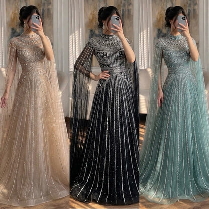 Luxury Caramel Crystal Beaded Cape Sleeves A-Line Dress LA73756
