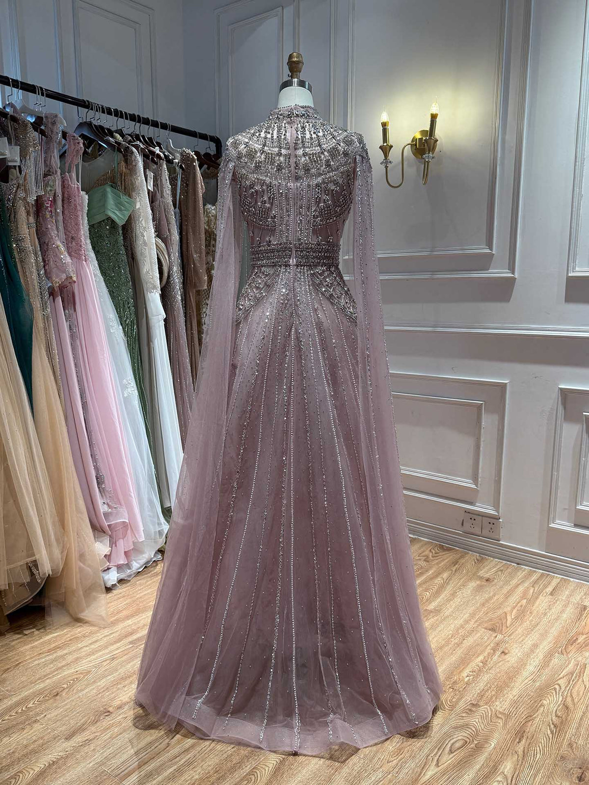 Luxury Caramel Crystal Beaded Cape Sleeves A-Line Dress LA73756