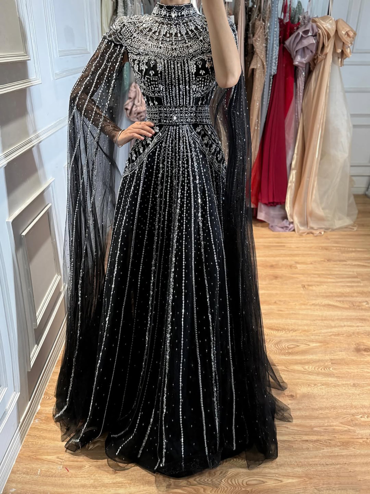 Luxury Caramel Crystal Beaded Cape Sleeves A-Line Dress LA73756