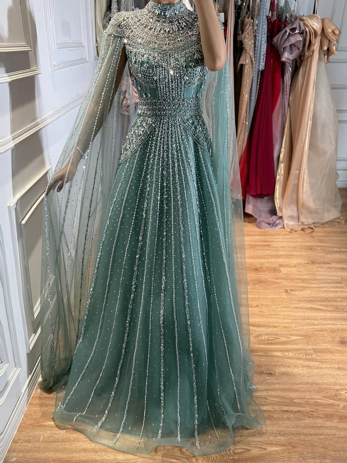 Luxury Caramel Crystal Beaded Cape Sleeves A-Line Dress LA73756