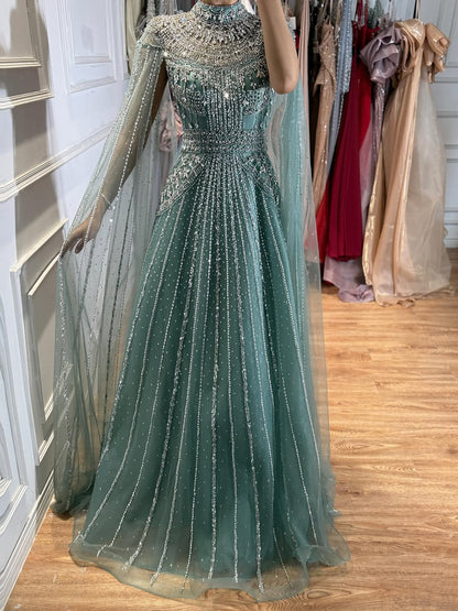 Luxury Caramel Crystal Beaded Cape Sleeves A-Line Dress LA73756