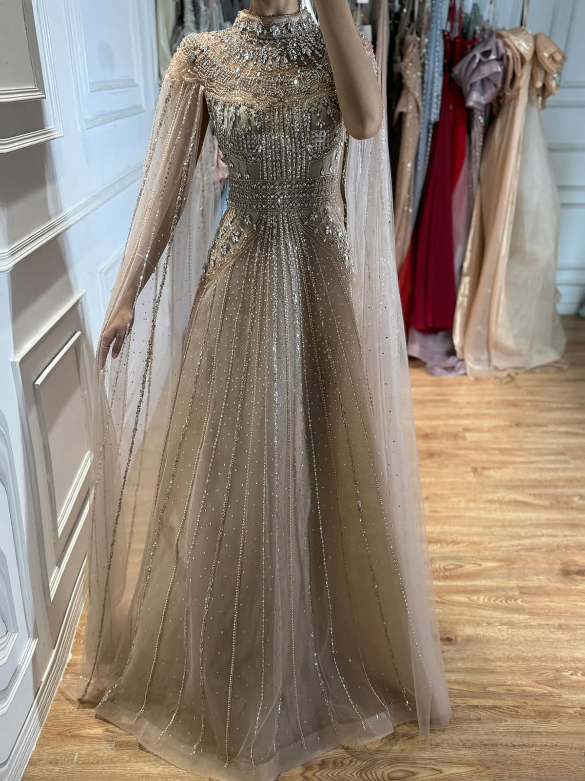 Luxury Caramel Crystal Beaded Cape Sleeves A-Line Dress LA73756