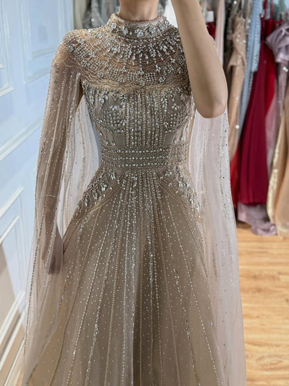 Luxury Caramel Crystal Beaded Cape Sleeves A-Line Dress LA73756