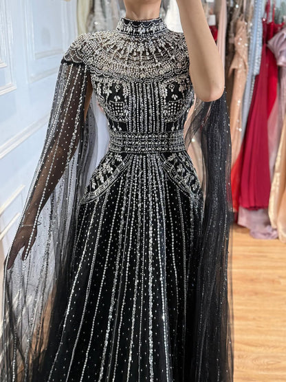 Luxury Caramel Crystal Beaded Cape Sleeves A-Line Dress LA73756