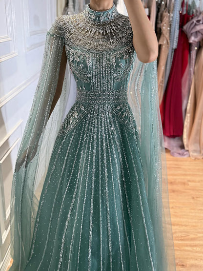 Luxury Caramel Crystal Beaded Cape Sleeves A-Line Dress LA73756