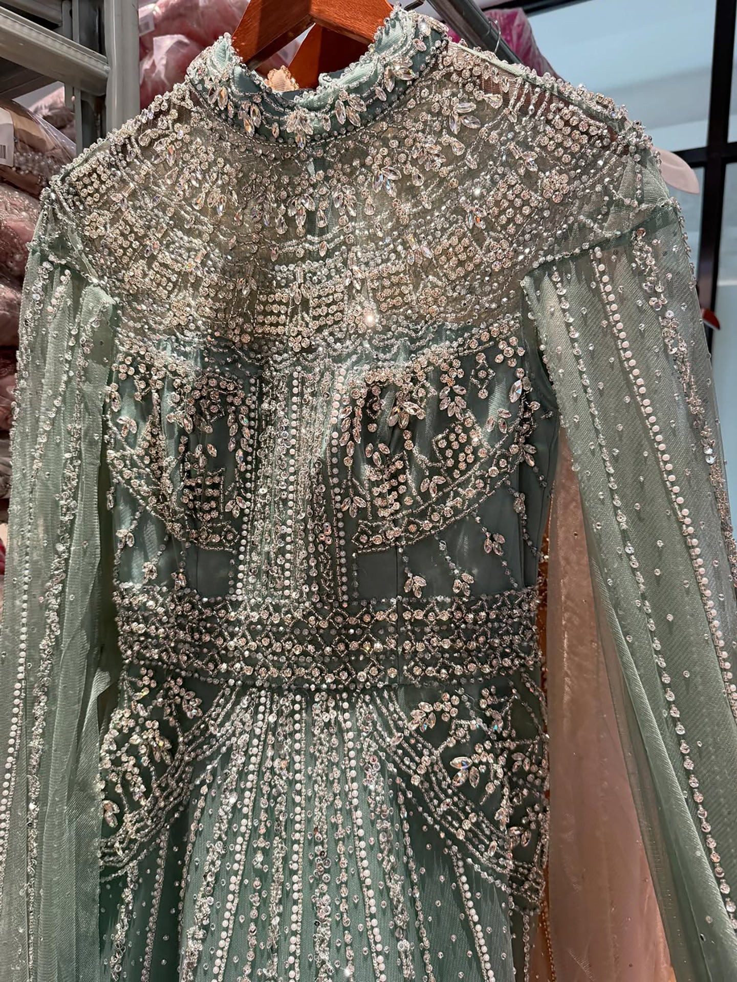 Luxury Caramel Crystal Beaded Cape Sleeves A-Line Dress LA73756