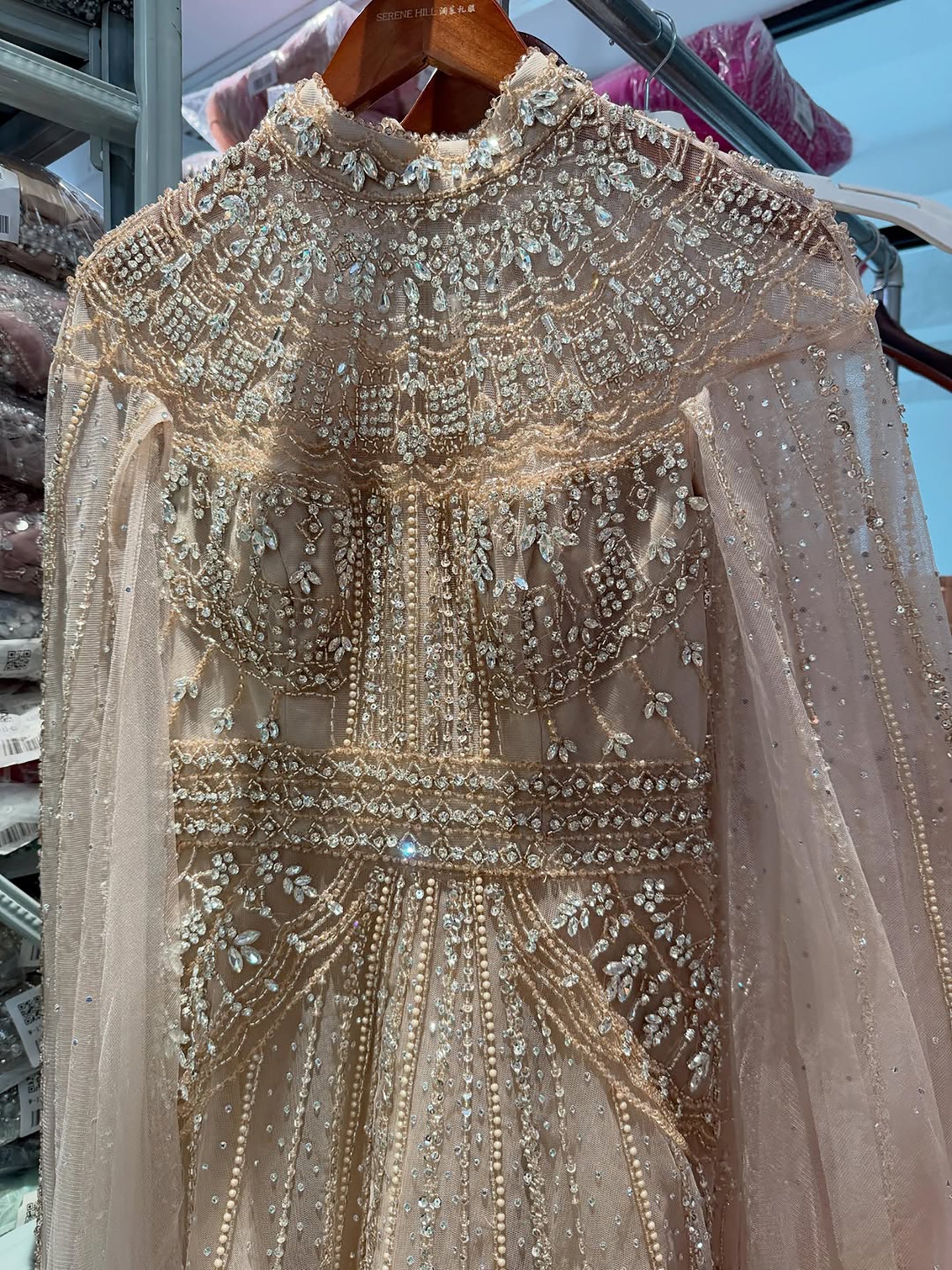 Luxury Caramel Crystal Beaded Cape Sleeves A-Line Dress LA73756