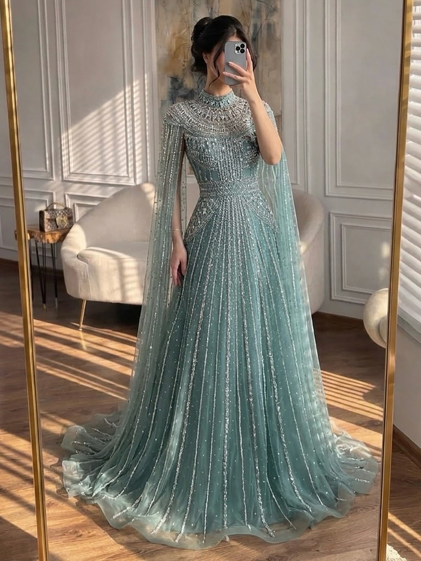 Luxury Caramel Crystal Beaded Cape Sleeves A-Line Dress LA73756