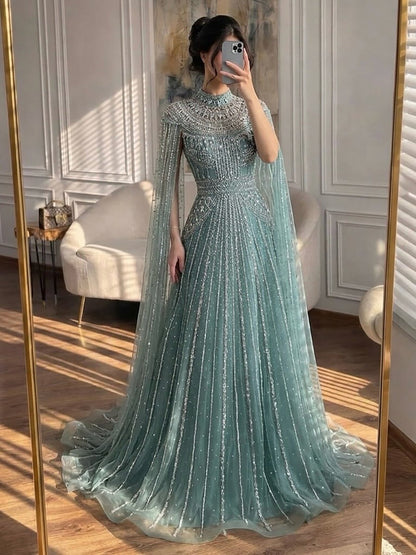 Luxury Caramel Crystal Beaded Cape Sleeves A-Line Dress LA73756