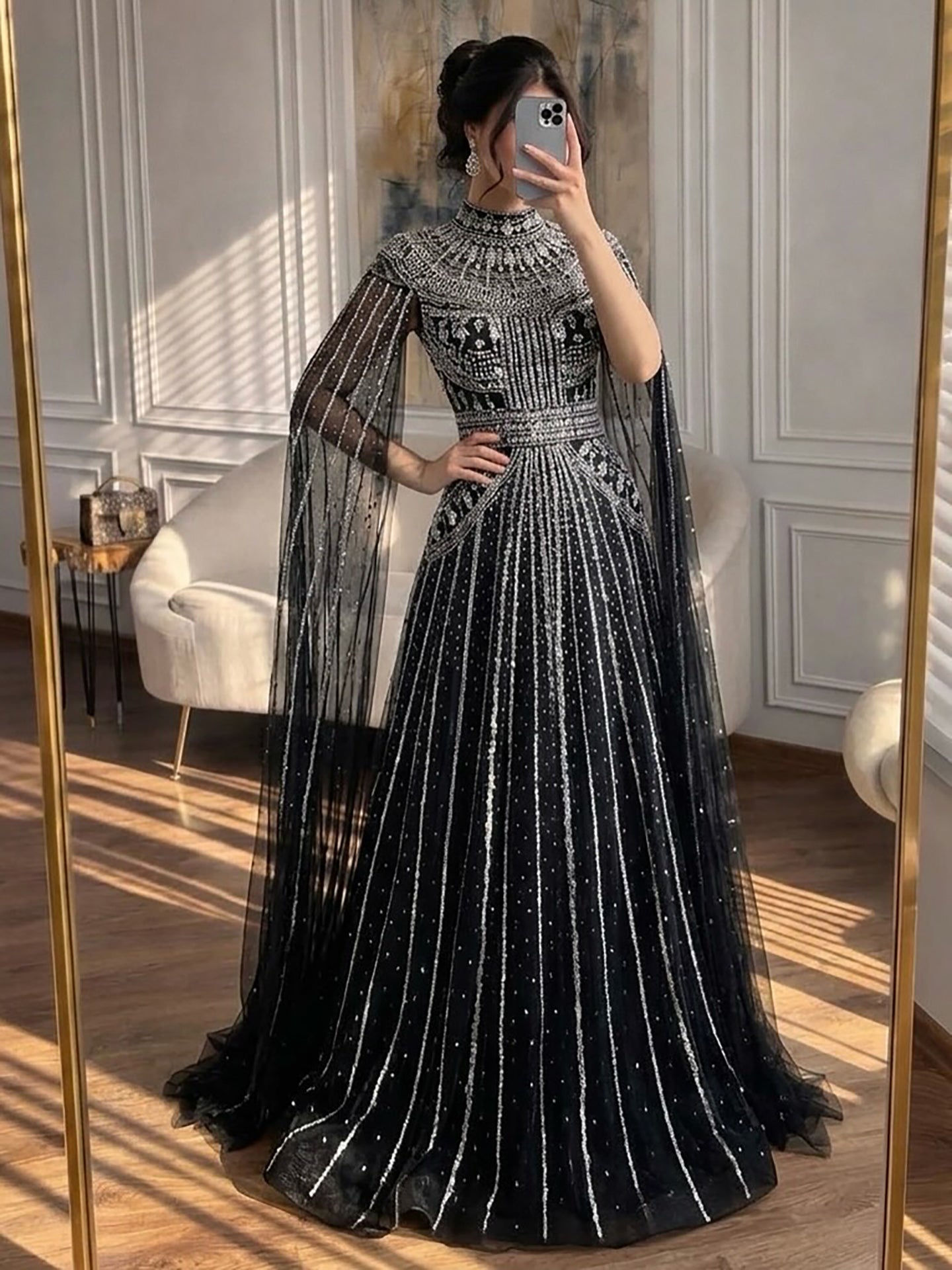 Luxury Caramel Crystal Beaded Cape Sleeves A-Line Dress LA73756