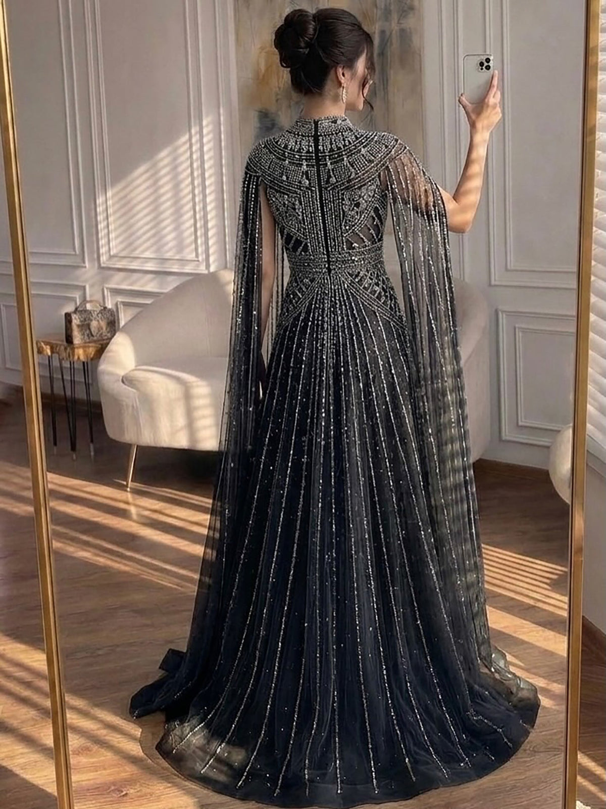 Luxury Caramel Crystal Beaded Cape Sleeves A-Line Dress LA73756