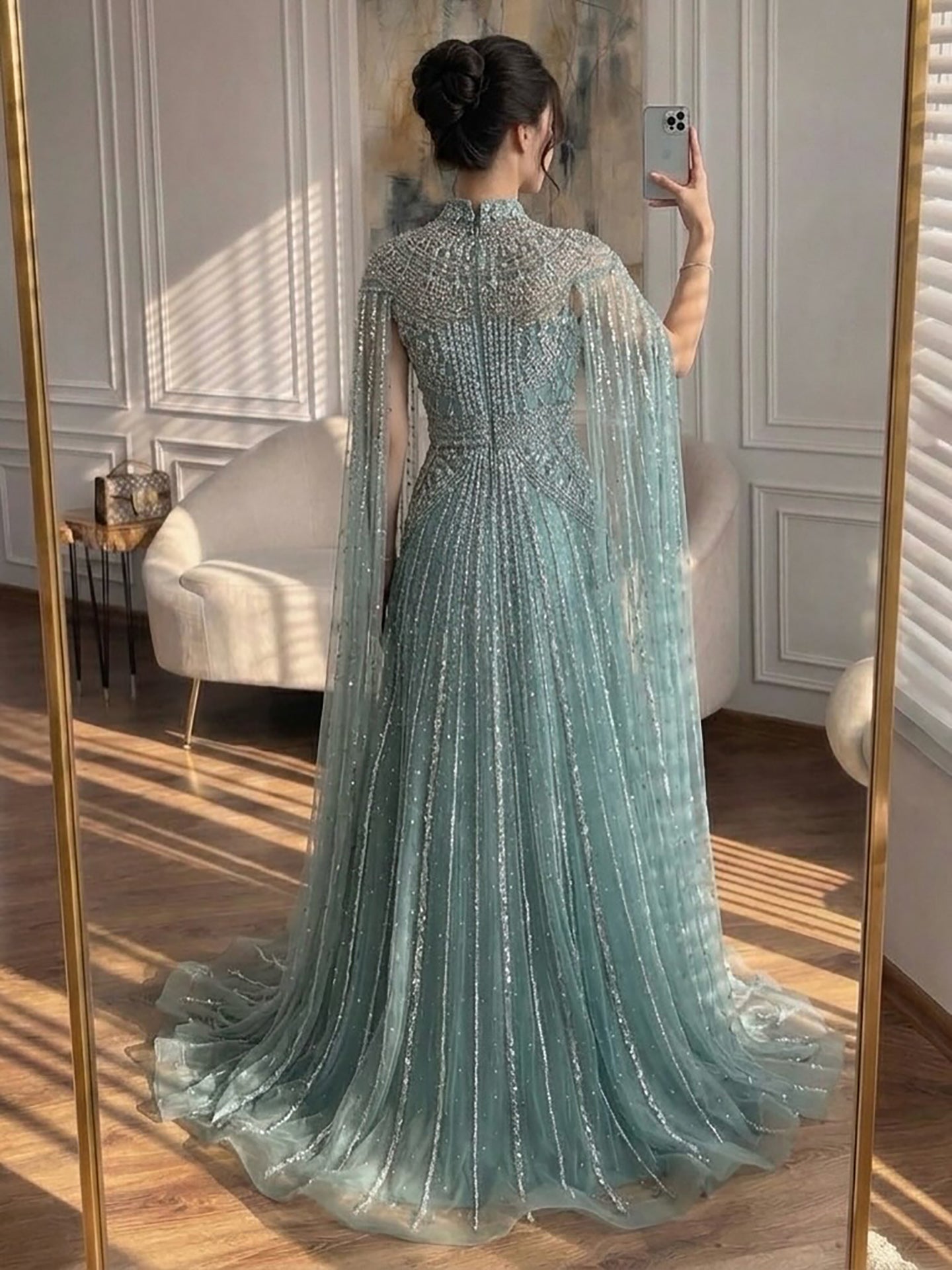 Luxury Caramel Crystal Beaded Cape Sleeves A-Line Dress LA73756