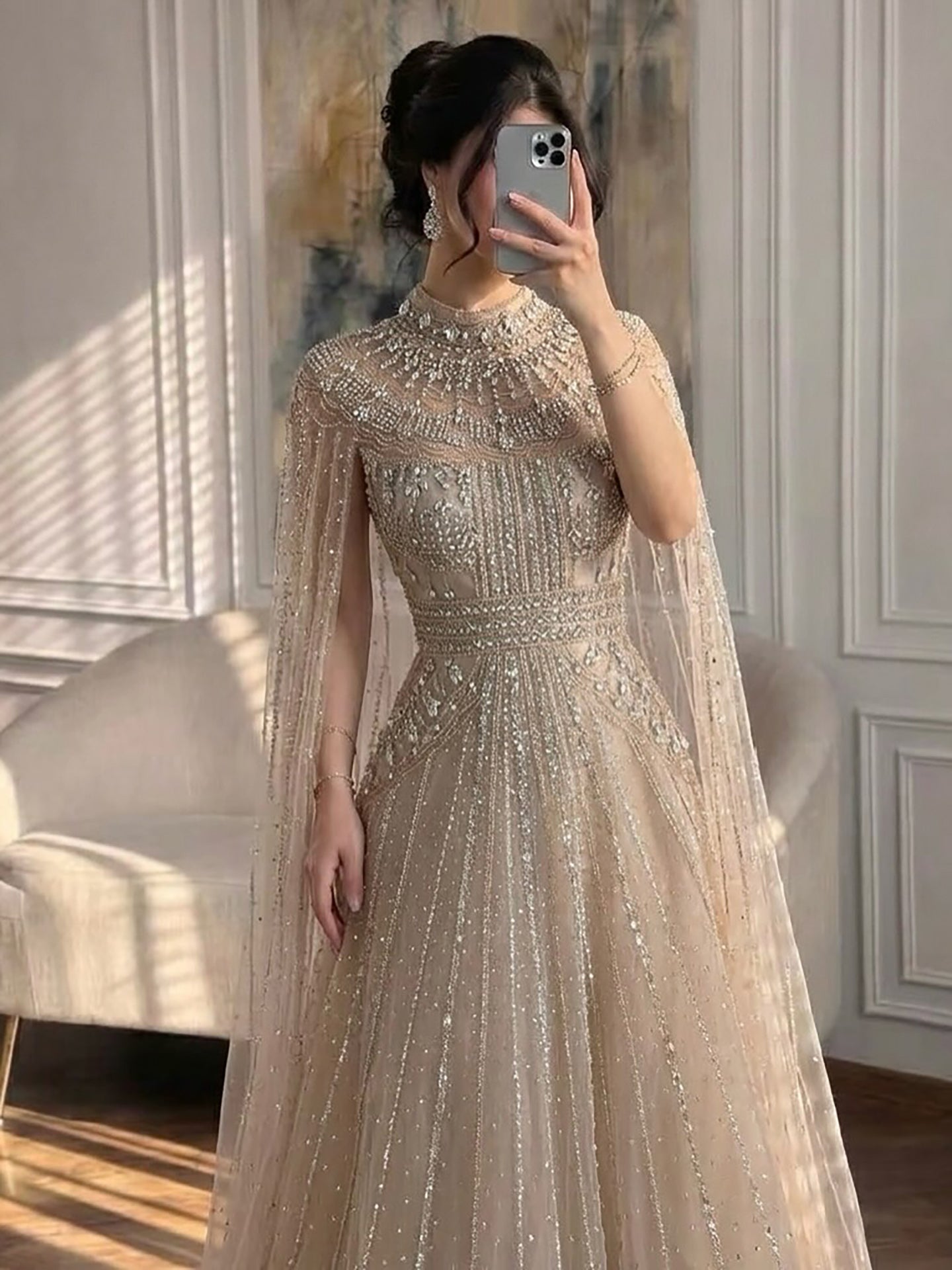 Luxury Caramel Crystal Beaded Cape Sleeves A-Line Dress LA73756