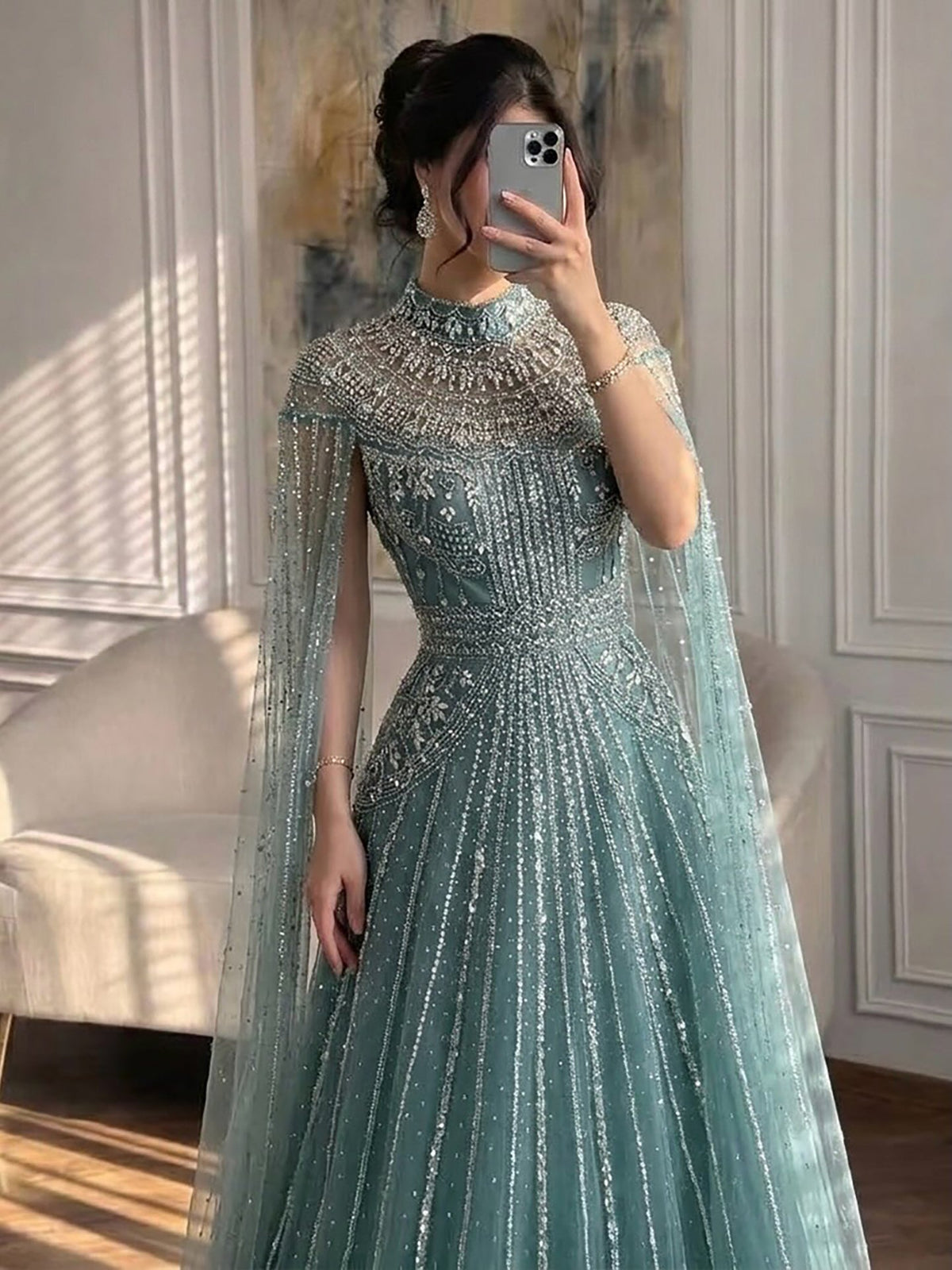 Luxury Caramel Crystal Beaded Cape Sleeves A-Line Dress LA73756