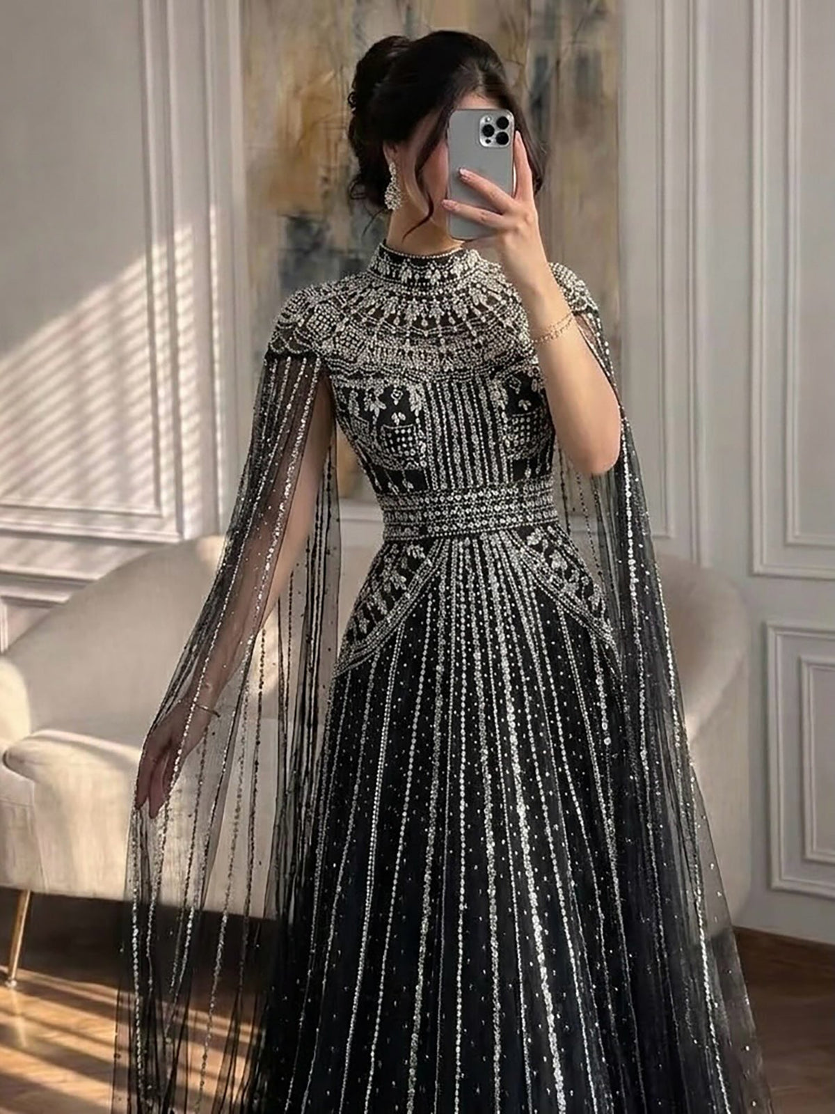 Luxury Caramel Crystal Beaded Cape Sleeves A-Line Dress LA73756