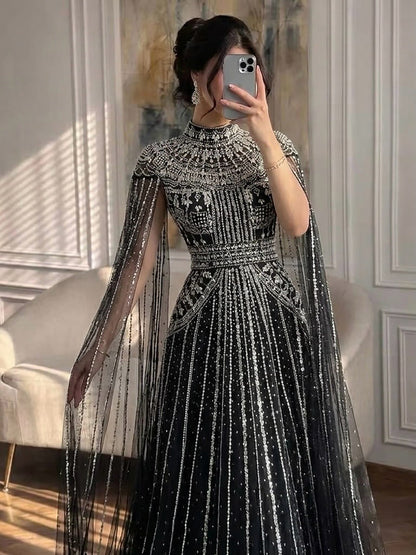 Luxury Caramel Crystal Beaded Cape Sleeves A-Line Dress LA73756