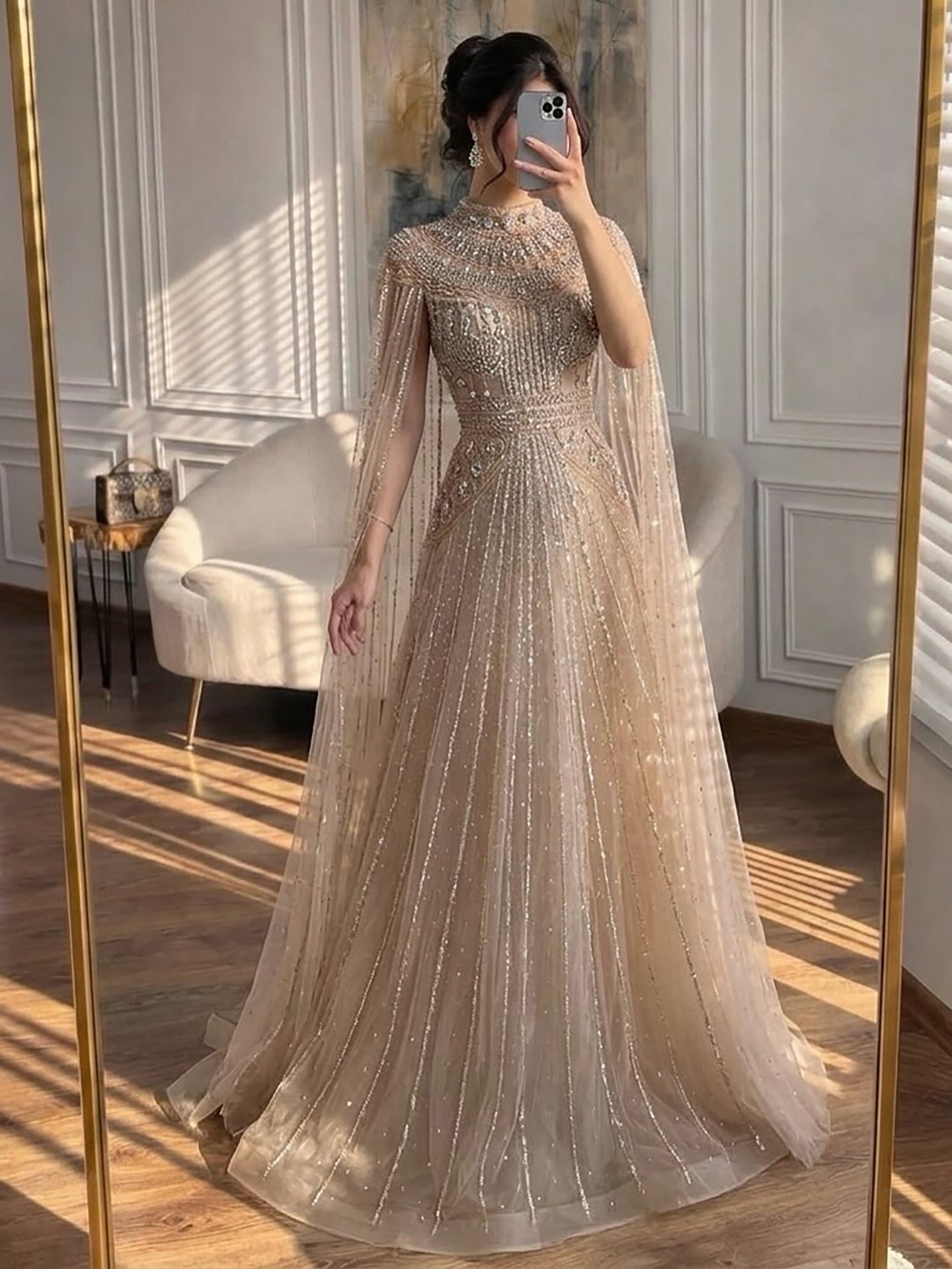 Luxury Caramel Crystal Beaded Cape Sleeves A-Line Dress LA73756