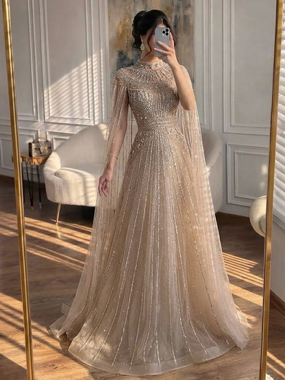 Luxury Caramel Crystal Beaded Cape Sleeves A-Line Dress LA73756