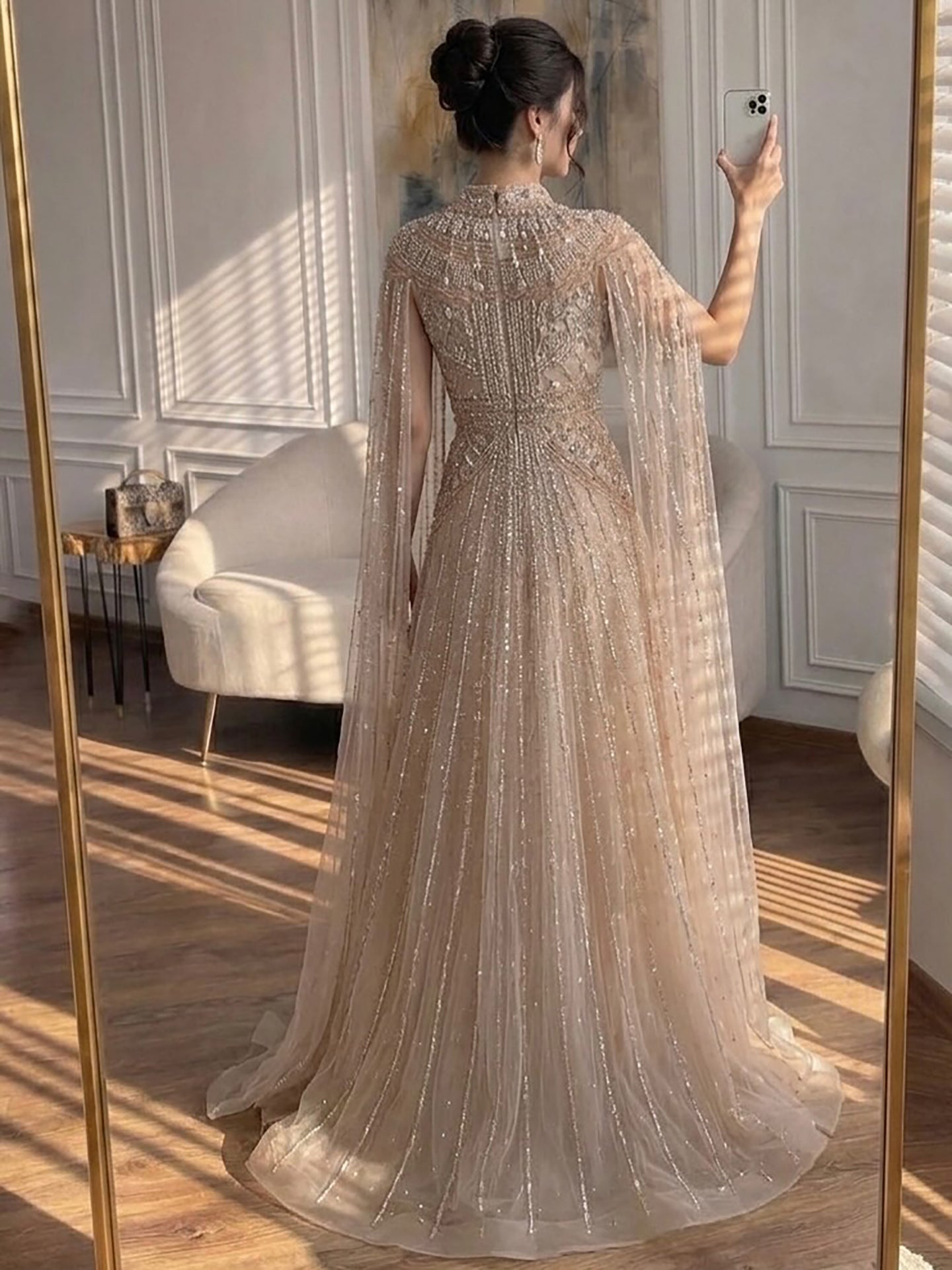 Luxury Caramel Crystal Beaded Cape Sleeves A-Line Dress LA73756