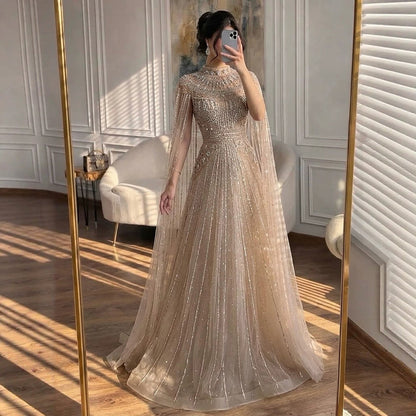 Luxury Caramel Crystal Beaded Cape Sleeves A-Line Dress LA73756