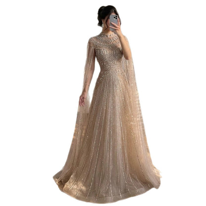 Luxury Caramel Crystal Beaded Cape Sleeves A-Line Dress LA73756
