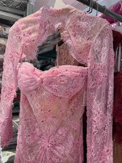 Luxury Pink Lace Long Sleeve High Neck Mermaid Evening Dress LA73757