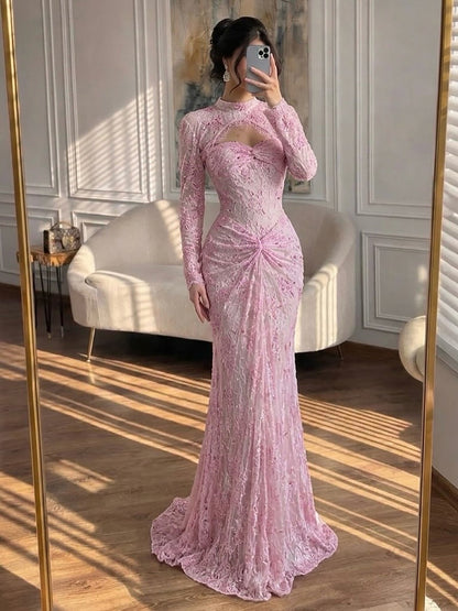 Luxury Pink Lace Long Sleeve High Neck Mermaid Evening Dress LA73757