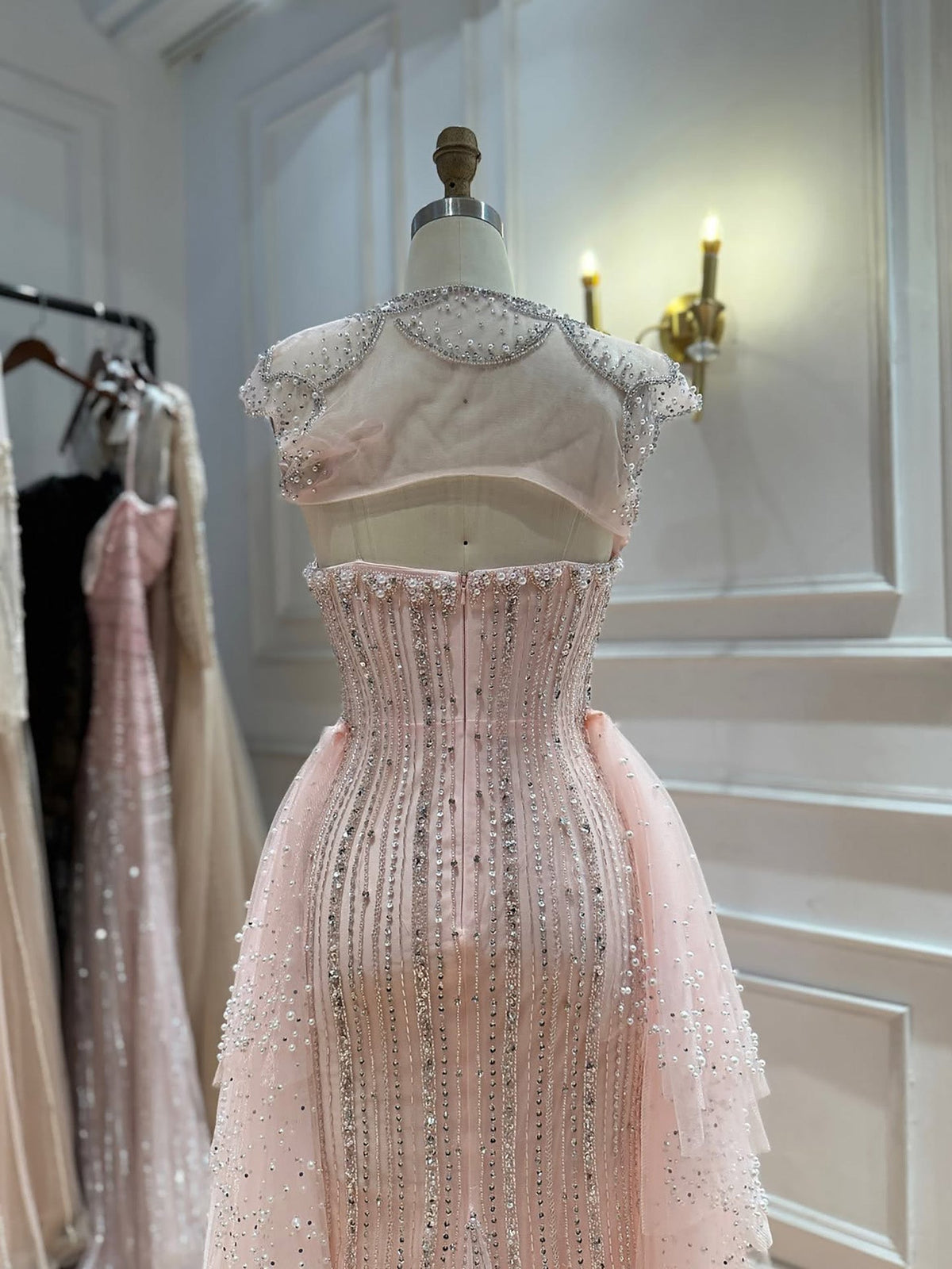Luxury Pink Beaded Cap Sleeves Mermaid Evening Dress LA73760