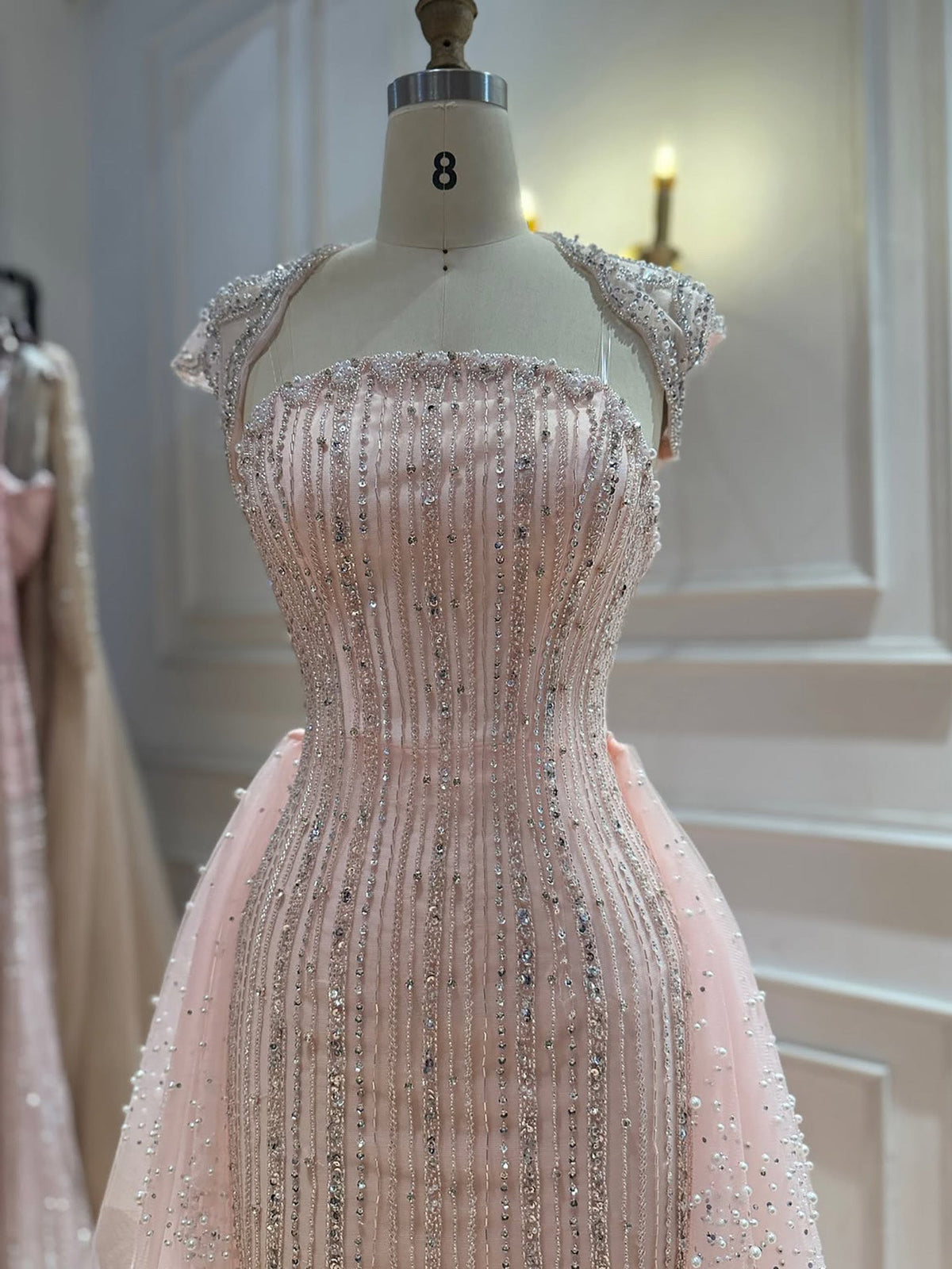 Luxury Pink Beaded Cap Sleeves Mermaid Evening Dress LA73760