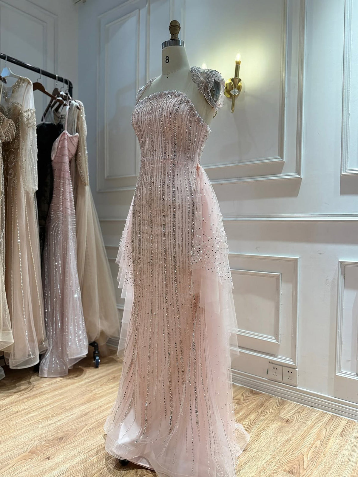 Luxury Pink Beaded Cap Sleeves Mermaid Evening Dress LA73760