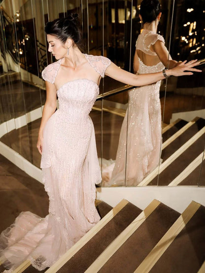 Luxury Pink Beaded Cap Sleeves Mermaid Evening Dress LA73760