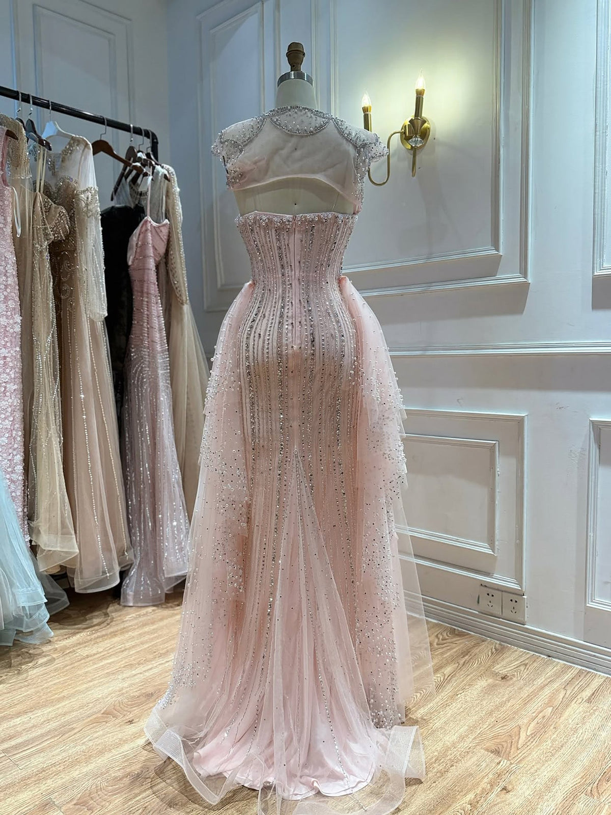 Luxury Pink Beaded Cap Sleeves Mermaid Evening Dress LA73760