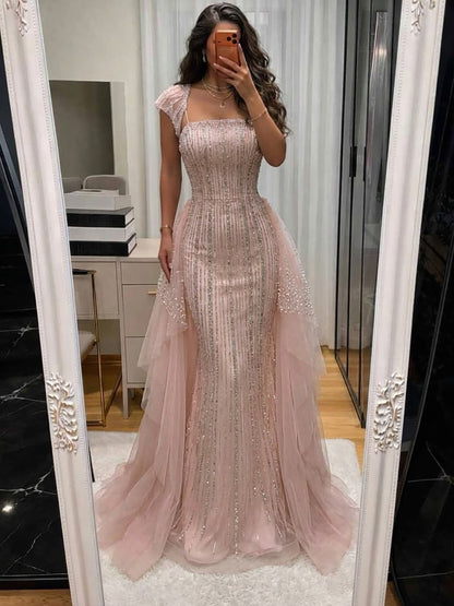 Luxury Pink Beaded Cap Sleeves Mermaid Evening Dress LA73760