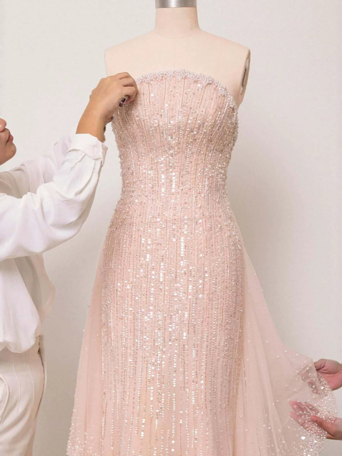 Luxury Pink Beaded Cap Sleeves Mermaid Evening Dress LA73760
