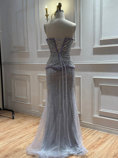 Lilac Beaded Strapless Sweetheart Mermaid Evening Dress LA73761