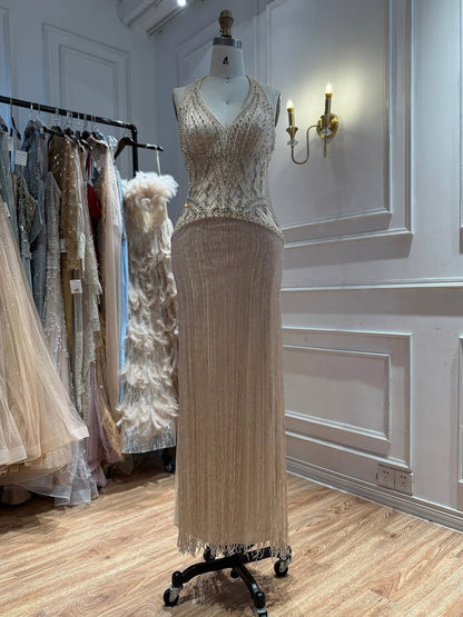 Butter Yellow Halter Neck Evening Dress with Fringe Skirt LA73765