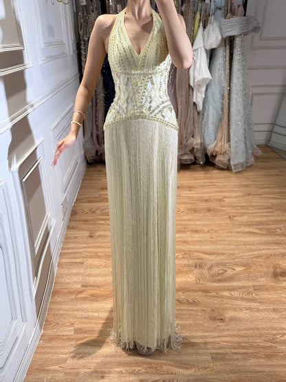 Butter Yellow Halter Neck Evening Dress with Fringe Skirt LA73765