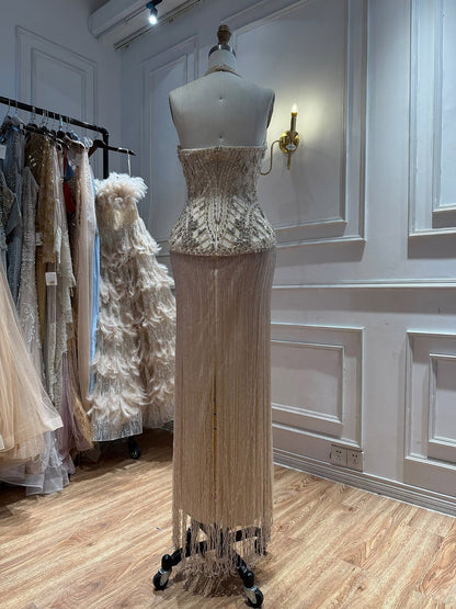 Butter Yellow Halter Neck Evening Dress with Fringe Skirt LA73765