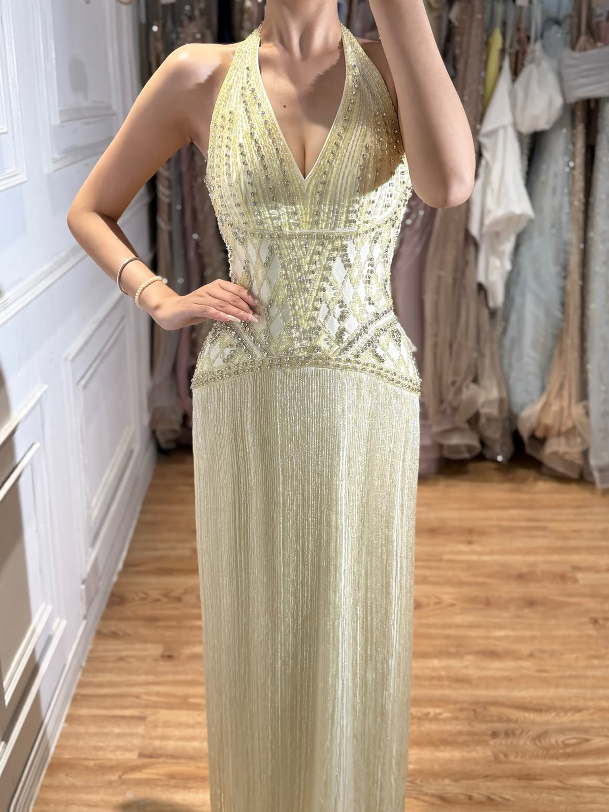 Butter Yellow Halter Neck Evening Dress with Fringe Skirt LA73765