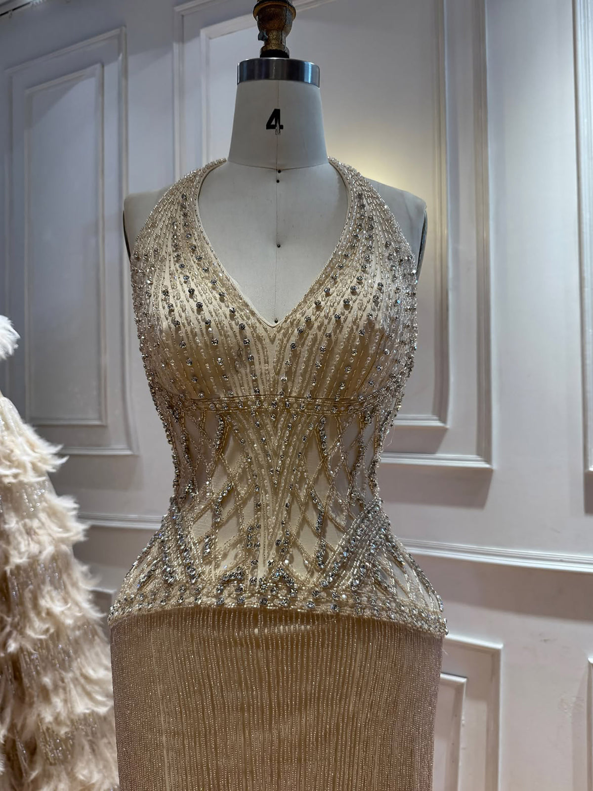 Butter Yellow Halter Neck Evening Dress with Fringe Skirt LA73765