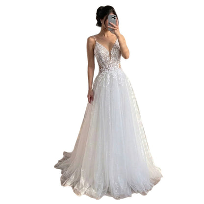 Luxury White Spaghetti Strap Floral Lace A Line Dress LA73767