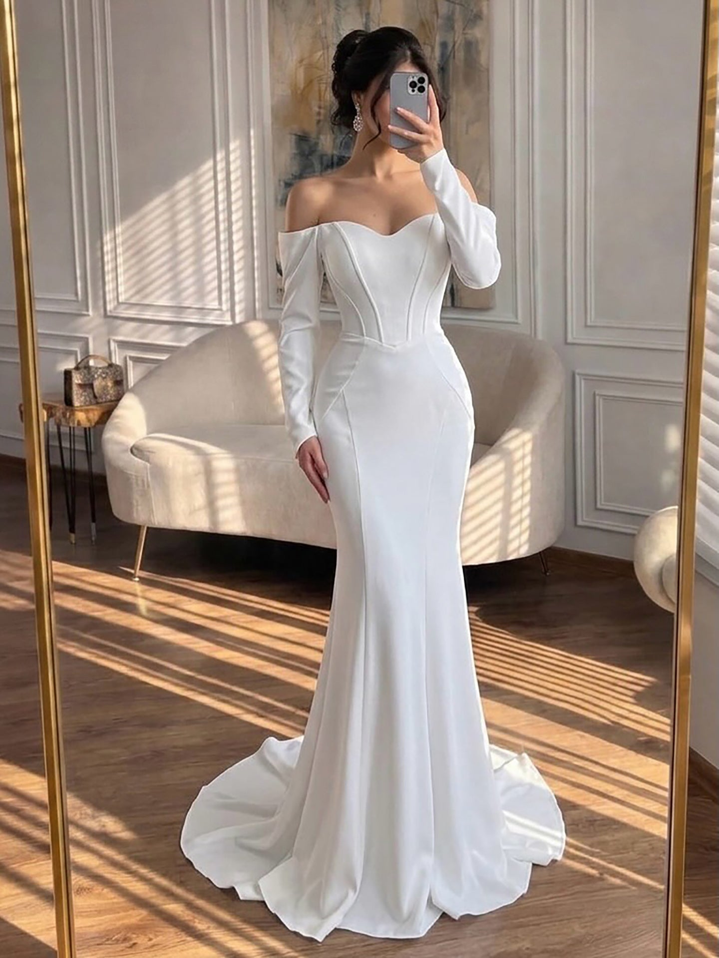 Luxury White Off Shoulder Sweetheart Long Sleeve Mermaid Dress LA73768