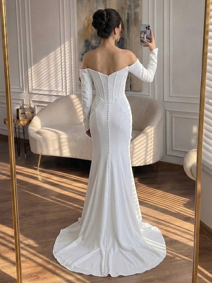 Luxury White Off Shoulder Sweetheart Long Sleeve Mermaid Dress LA73768