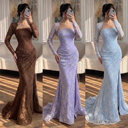 Elegant Blue Lace Beaded Long Sleeve Mermaid Gown with Slit LA73769