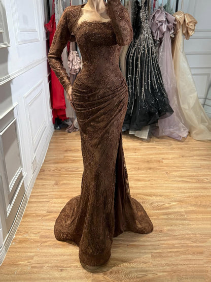 Elegant Blue Lace Beaded Long Sleeve Mermaid Gown with Slit LA73769