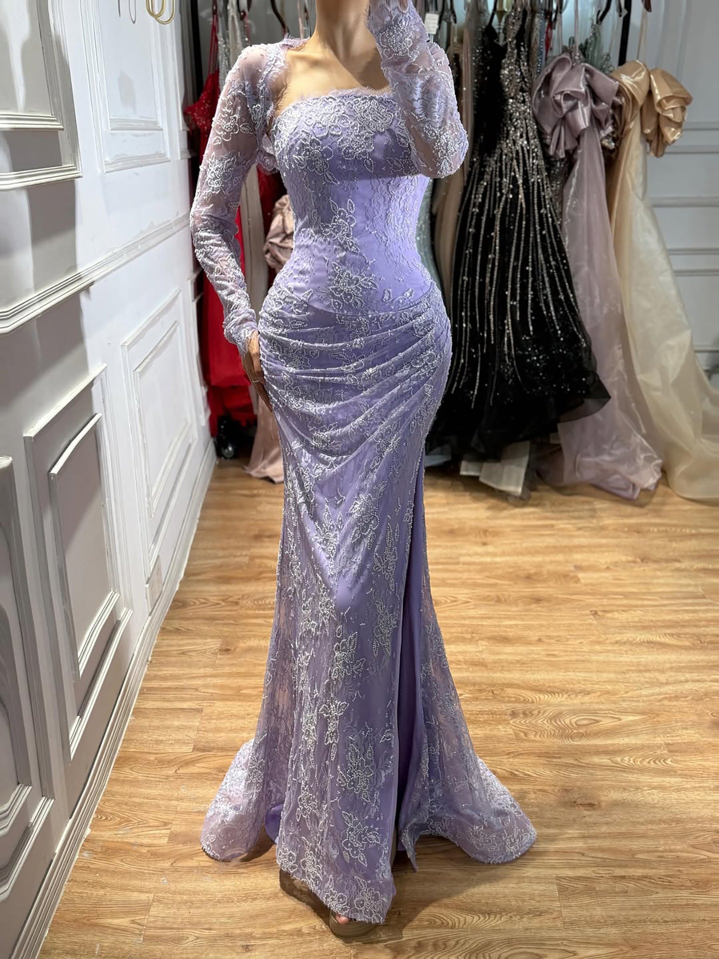 Elegant Blue Lace Beaded Long Sleeve Mermaid Gown with Slit LA73769