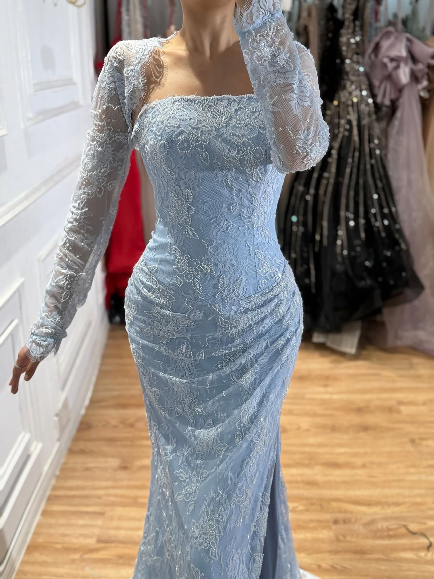 Elegant Blue Lace Beaded Long Sleeve Mermaid Gown with Slit LA73769