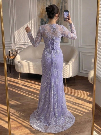 Elegant Blue Lace Beaded Long Sleeve Mermaid Gown with Slit LA73769
