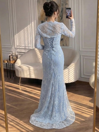 Elegant Blue Lace Beaded Long Sleeve Mermaid Gown with Slit LA73769
